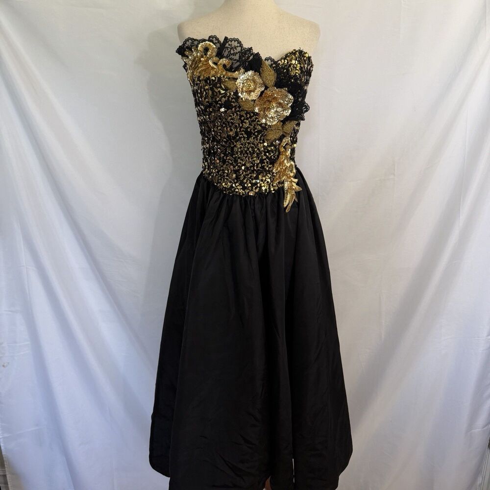 1980s Vintage Loralie Black & Gold Sequin Strapless Prom Party Dress 8 USA